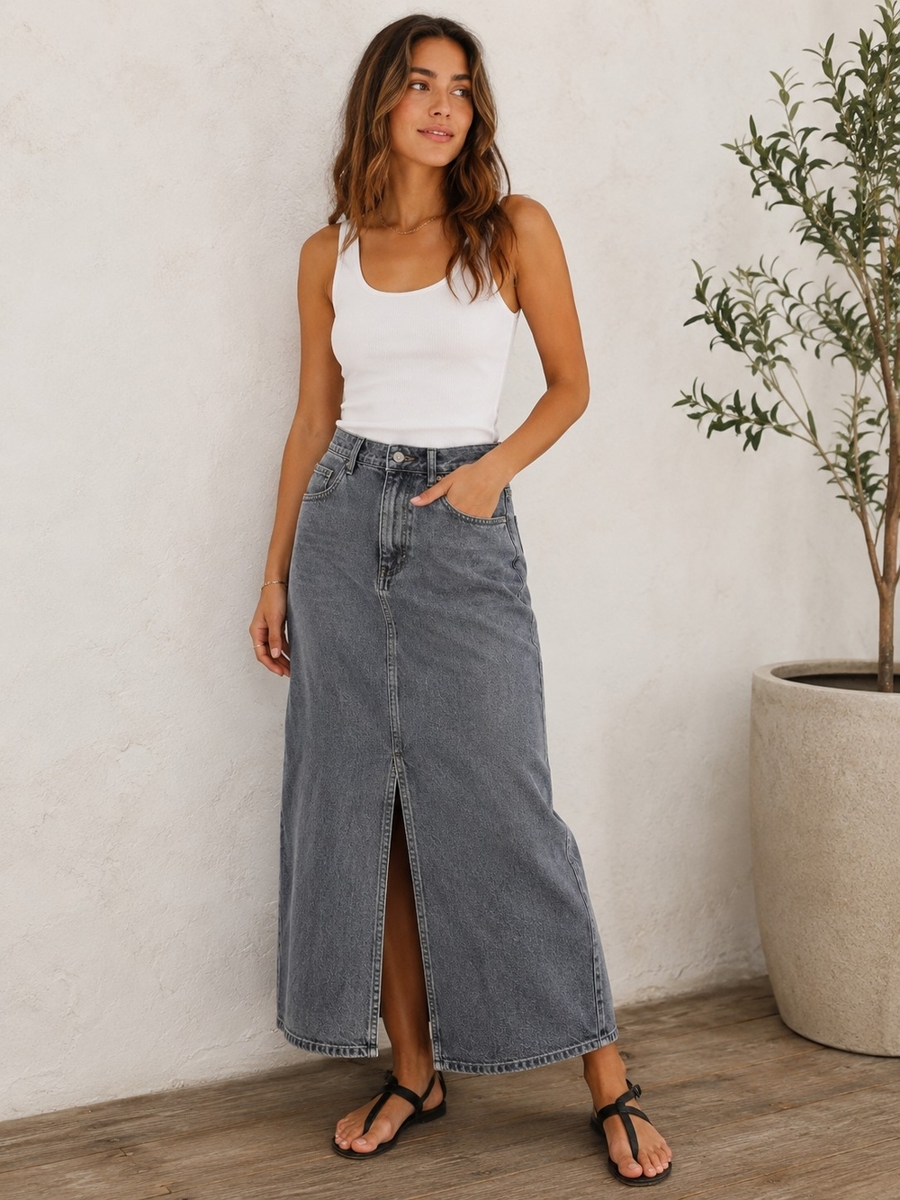 Universal Thread Grey High-Rise Denim Maxi Skirt with Front Slit
